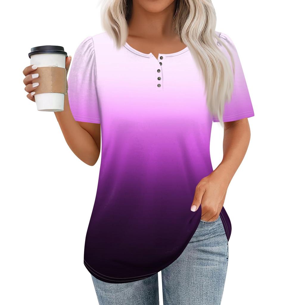 Женский модный повседневный короткий рукав пуловер с принтом на пуговицах и круглым вырезом