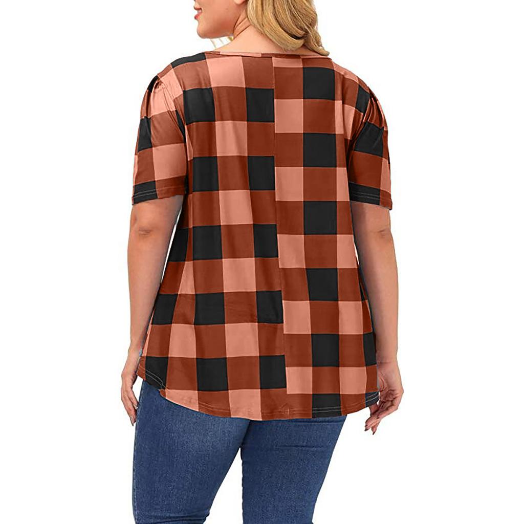 Летняя женская блузка с коротким рукавом, свободная клетчатая рубашка с круглым вырезом и принтом, топ