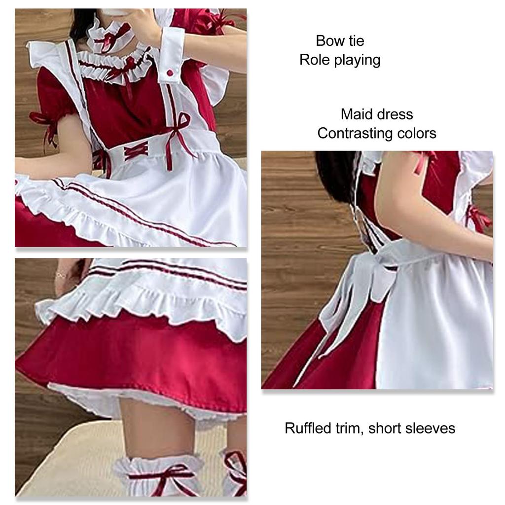 Maid Costume Ruffle Frill Trim Cute Bow Apron Dress Cosplay Makeup Outfit with Headwear Neck Leg