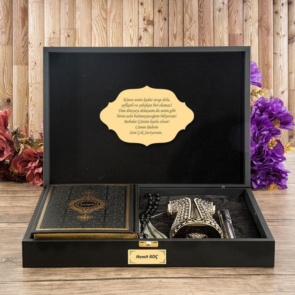 Quran, Islamic Figurine, Tasbih, Prayer Rug, Pen In Personalize Wooden Boxed | Islamic Birthday Gifts | Lux Islamic Gift Box | Special Gift
