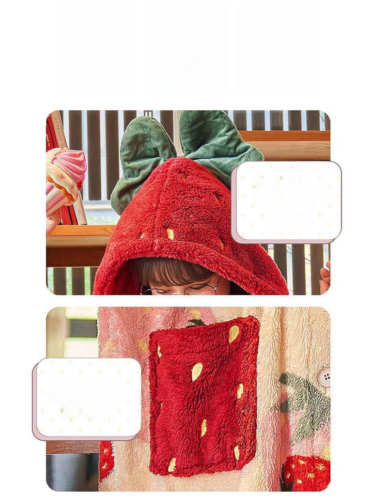 2023 Sweet Strawberry Плотный коралловый флисовый халат-комплект - Cozy Home Loungewear