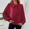Рубашка весна-осень, стиль «фонарик», длинный рукав, воротник-бантик, однотонная женская рубашка