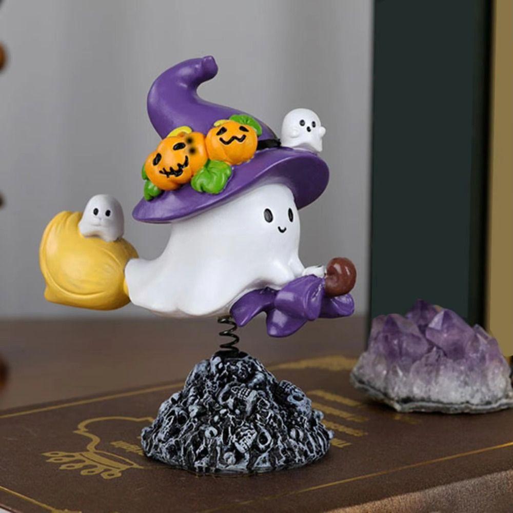 Resin Halloween Ghost Statue Cartoon with Spring Ghost Art Sculpture Cute Ghost Figurine Ornament Living Room