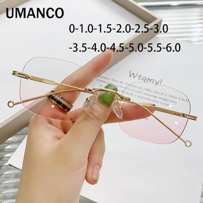 Модные женские очки для близорукости без оправы с защитой от синего света, прямоугольные розовые линзы, готовые очки по рецепту 0 -1,0 -1,5 -2,0