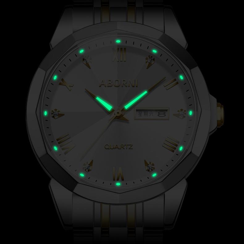 Мужские часы ABORNI, деловые наручные часы с двойным календарем, модные кварцевые мужские часы из зеркальной стали с бриллиантами и бриллиантами