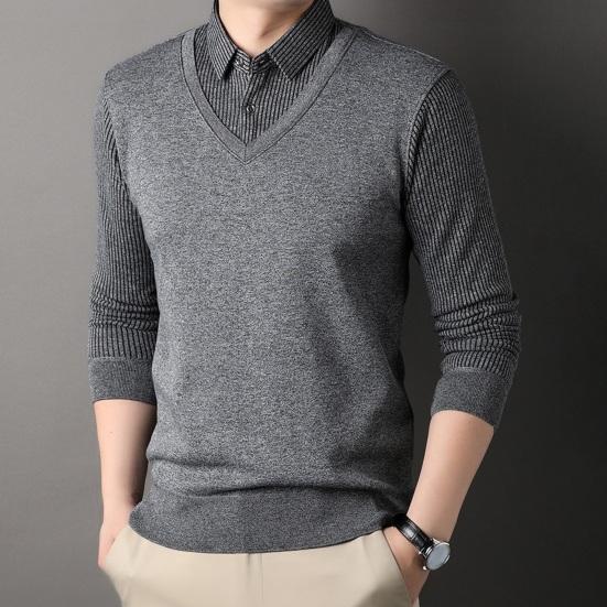 Мужской свитер, имитация двухсекционной рубашки и свитера, формальный деловой стиль, отложной воротник, длинные рукава, полосатый офисный топ на осень и весну