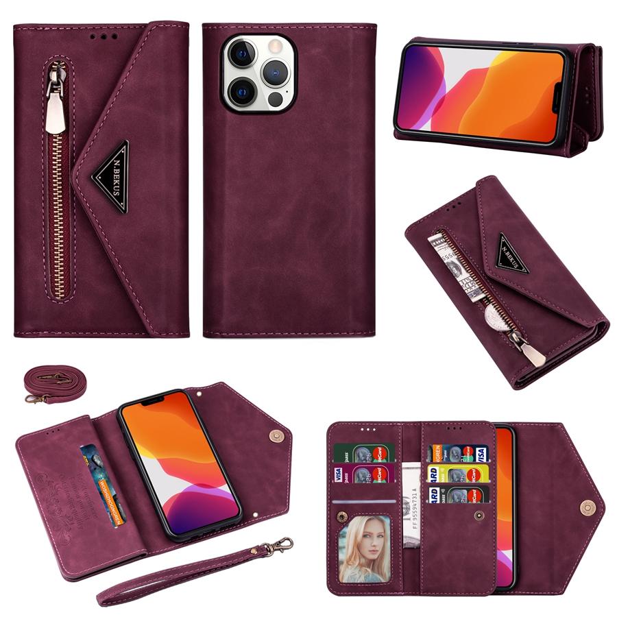 Wallet Skin-feeling Multi-card Zipper With Lanyard Leather Case For iPhone 14 Pro Max Samsung Galaxy A13 A33 A53 Xiaomi Redmi Note 11 Huawei P30 Lite