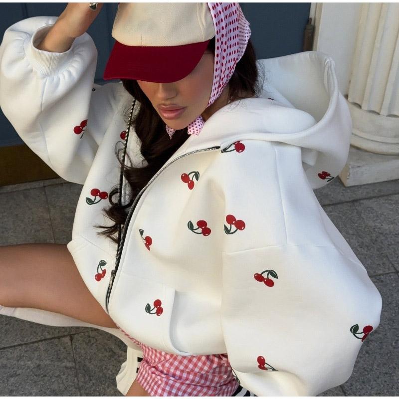 Женская модная белая толстовка с капюшоном с принтом вишни 2025 года, весна, женская свободная уличная толстовка с длинным рукавом и капюшоном на молнии