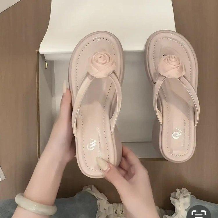 Thick Bottom Heightening Pink Flower Flip-flops Female Summer Wear 2025 New Fairy Style with Skirt Toe Cool Slippers
