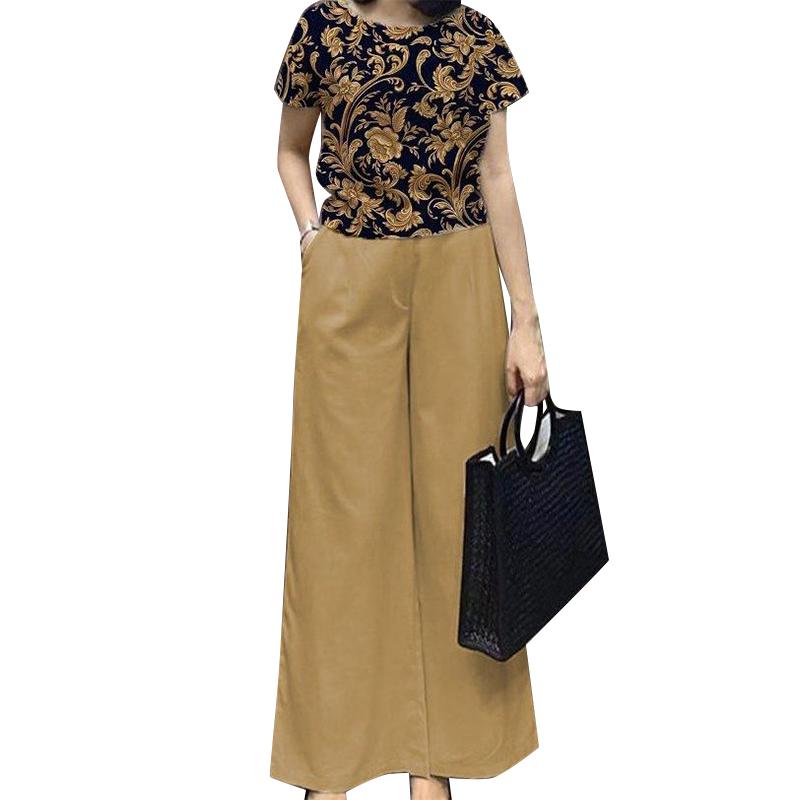 ZANZEA Женская блузка с принтом и широкие брюки, повседневный комплект из двух предметов