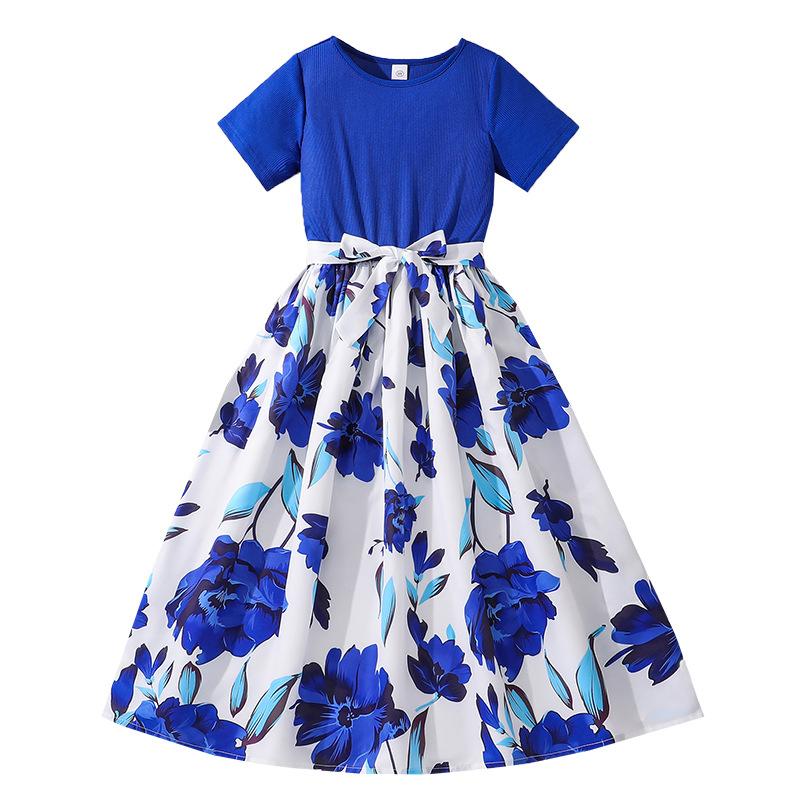 Платье для девочек 7-12 лет, летнее, новое, в стиле принцессы, с цветочным принтом, юбка с короткими рукавами, детские платья