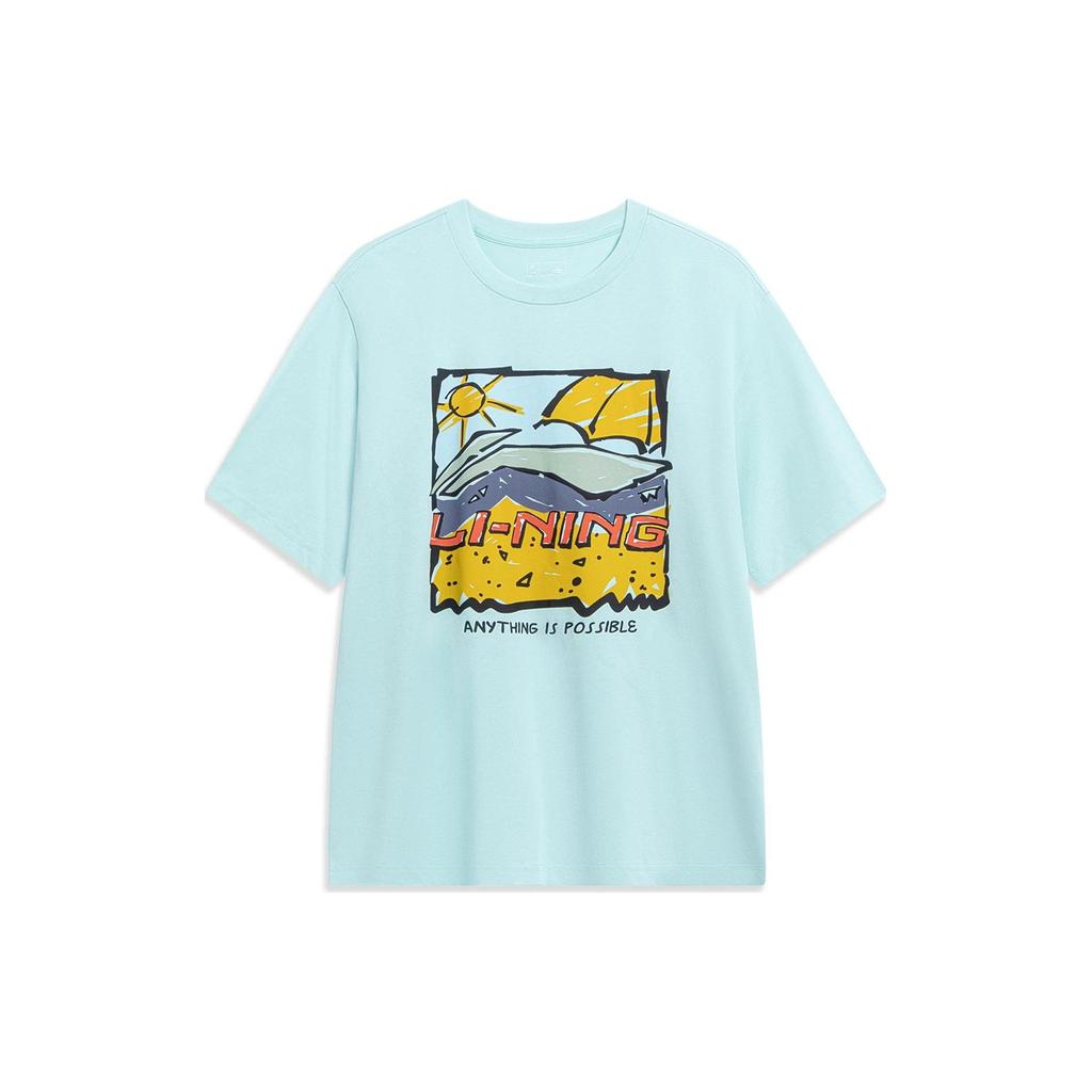 Li-Ning Футболка Sports Life с мультяшным принтом, круглым вырезом, короткими рукавами и заниженными плечами, топы унисекс, синий AHST543-3