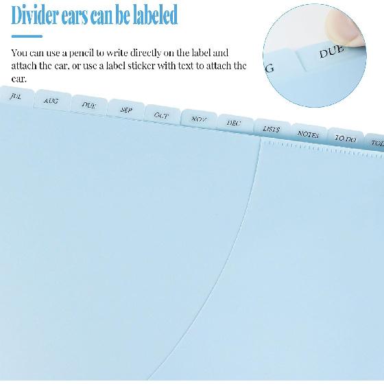 Dividers for 3 Ring Binder, 12-Tab Plastic Binder Dividers with Front Pocket, ertable Translucent Blue Tab Dividers for 3 Ring Loose Leaf Binders,
