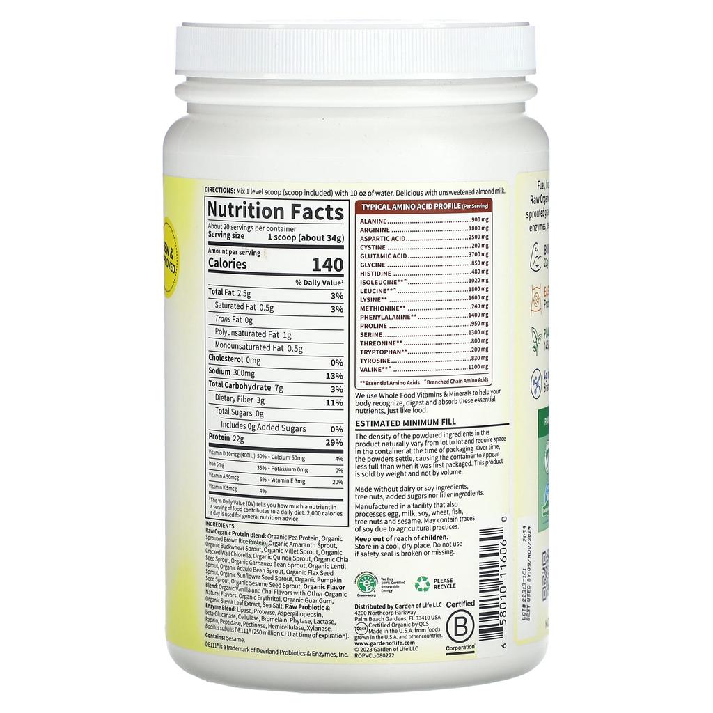 Garden of Life Raw Organic Protein, Plant-based, Vanilla Chai, 1 Lb 7.98 Oz (680 G)