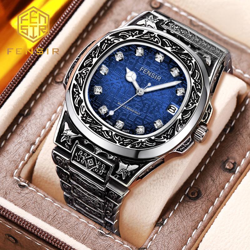 Весна 2025 Новые Мужские Роскошные Деловые Наручные часы из нержавеющей стали Винтажные Часы с кварцевым механизмом с резными узорами для мужчин Relogio