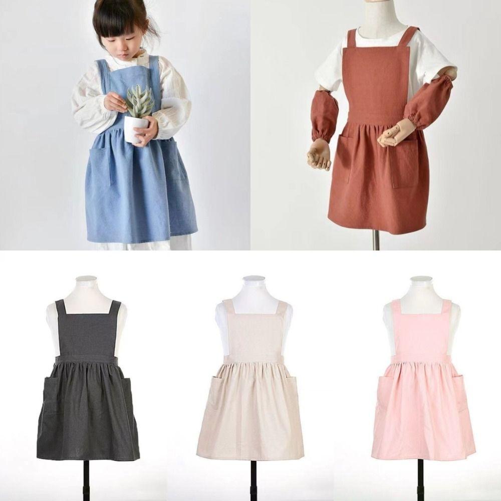 Кавайное детское платье-фартук в японском стиле, хлопковое, однотонное, кофейное, с мягкой перекрестной спинкой, садовые комбинезоны для рисования, выпечки