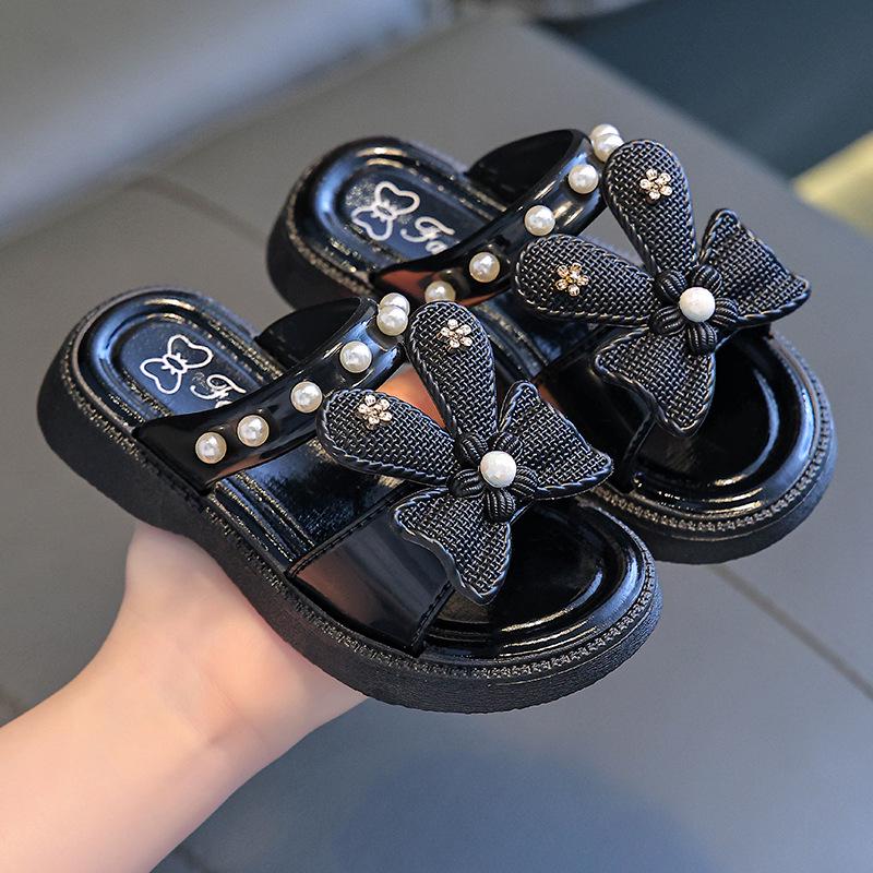 Детские летние тапочки с героями мультфильмов: Милая, нескользящая, мягкая подошва с бантом и жемчужной отделкой в стиле принцессы