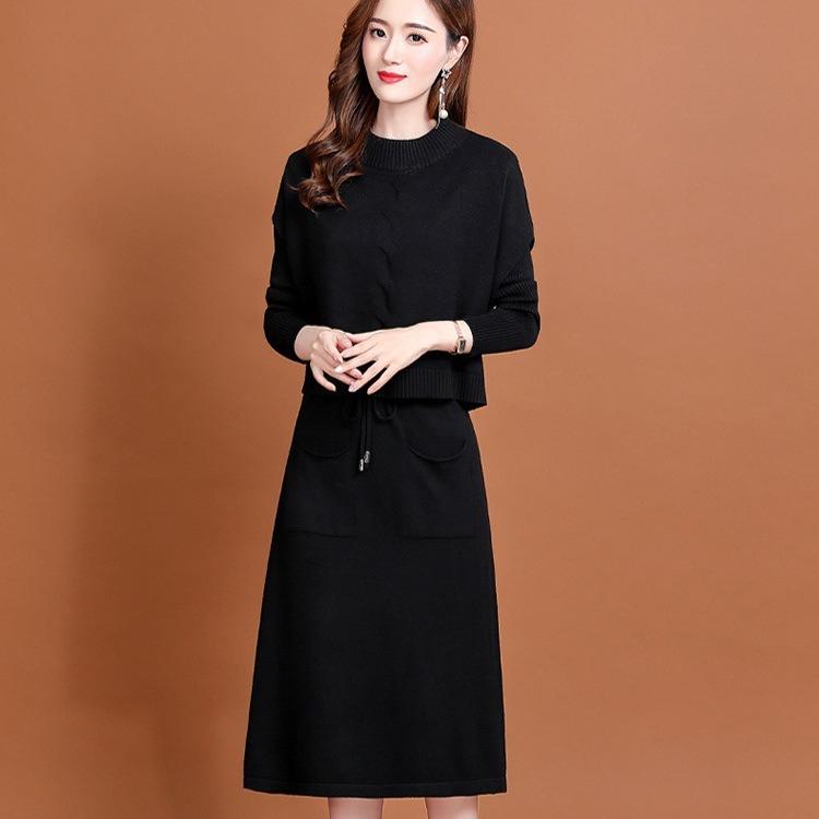 Вязаное платье для женской осени и зимы в корейском стиле с приталенным силуэтом, комплект из двух частей, свитер, однотонное, с длинным рукавом, повседневное платье-свитер