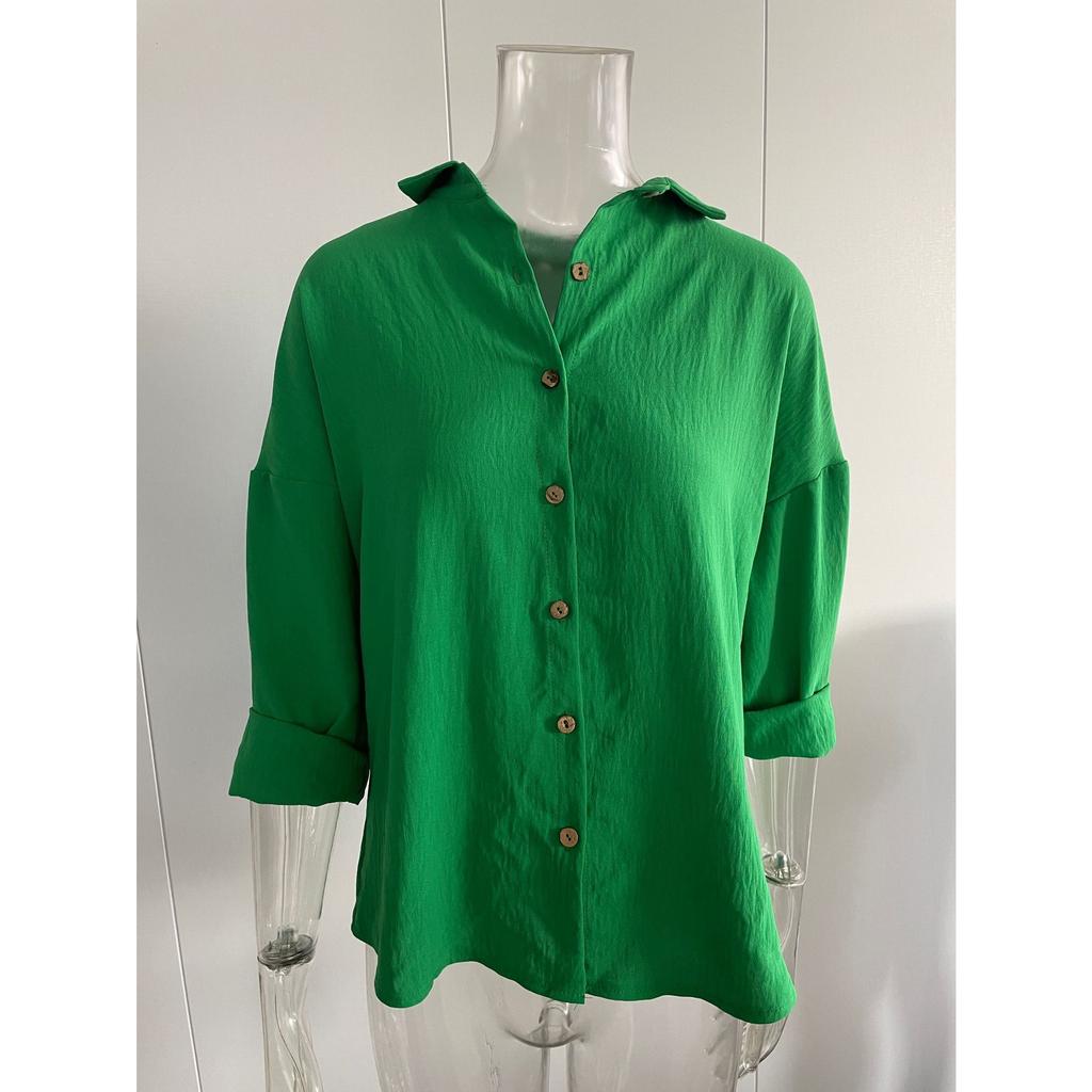 IHUASU Single Breasted Pleated Lapel Shirt Women's Solid Color Pull-up Sleeve Top