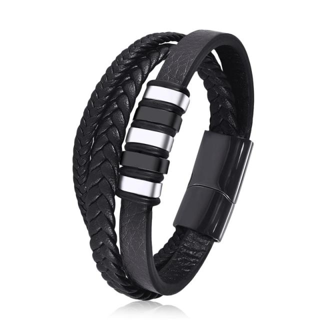 Fashion Stainless Steel Charm Men Bracelet Magnetic Clasp Braided Mutilayer Leather Wrapping Punk Rock Bangles Man Jewelry Gift