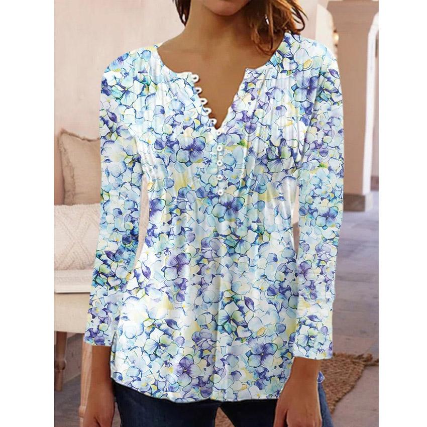 Весенне-летние топы, женская плиссированная футболка на пуговицах с v-образным вырезом и рукавами 3/4 с цветочным принтом