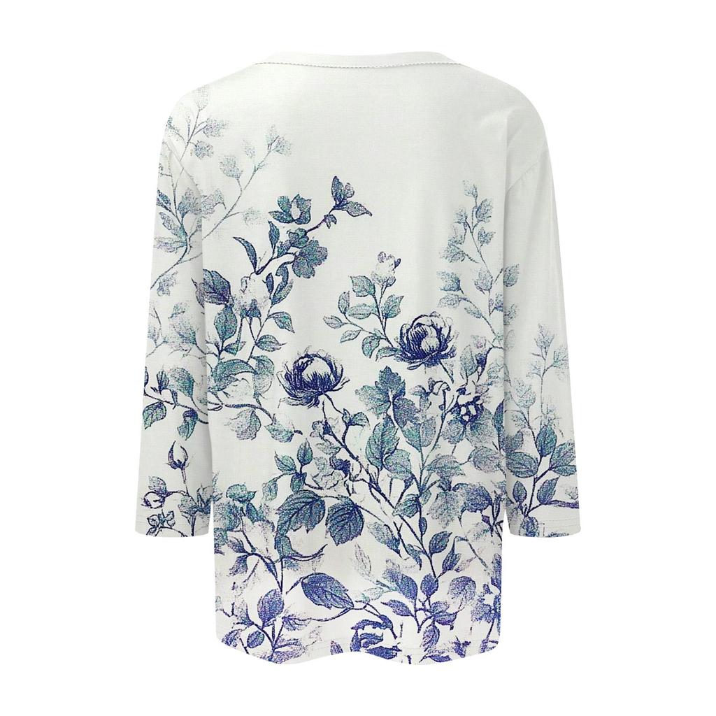 Women's Fashion Casual 3/4 Sleeve Floral Button Printed Round Neck Pullover Top Casual Clothing