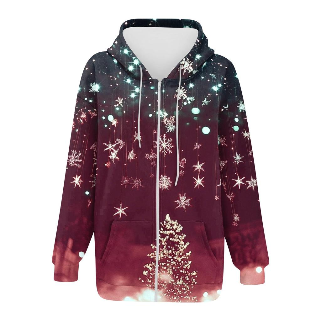 Женская мода повседневная рождественская принтовая толстовка зимняя с длинным рукавом кардиган куртка с карманом на молнии толстовка с капюшоном куртка