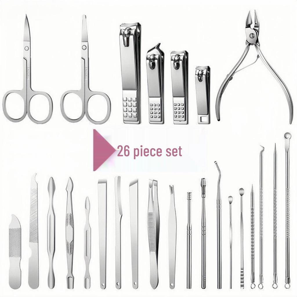 26-Piece Stainless Steel Manicure Set: Portable Nail Clippers, Cuticle Scissors & More