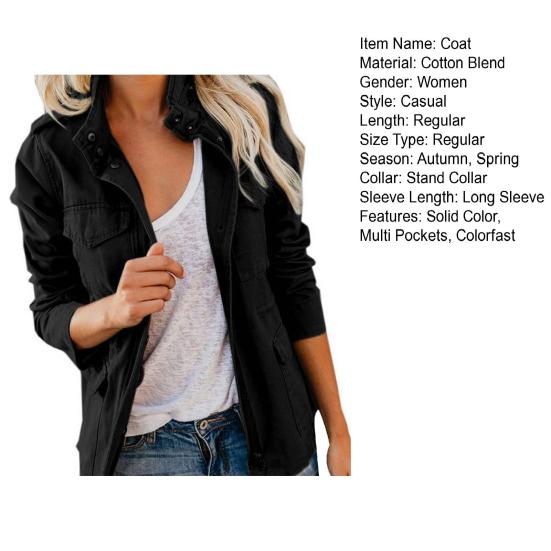 Women Coat Stand Collar Zipper Multiple Pockets Solid Color Long Sleeves Soft Casual Cardigan Pure Color Spring Coat for Daily Wear