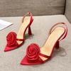 Летняя мода шелковые розы цветы сзади ремешок каблук босоножки женские острый носок красные высокие каблуки свадебные туфли выпускной Zapatos Mujer