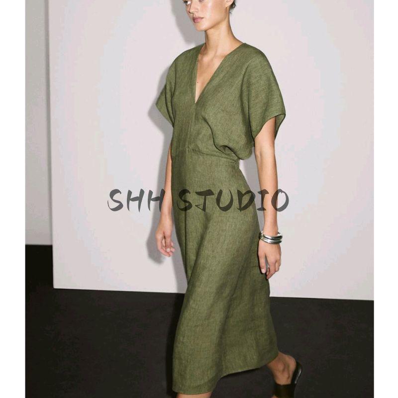MD Summer New Arrival Women's Vacation Normcore Old Money Style Linen Blend V Neck Short Sleeve Long Dress 6616530