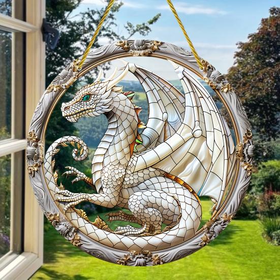 Window Hanging Pendant with Lanyard Realistic Dragon Printing Round Shape Sun Catcher Home Office Garden Decoration Panel Pendant