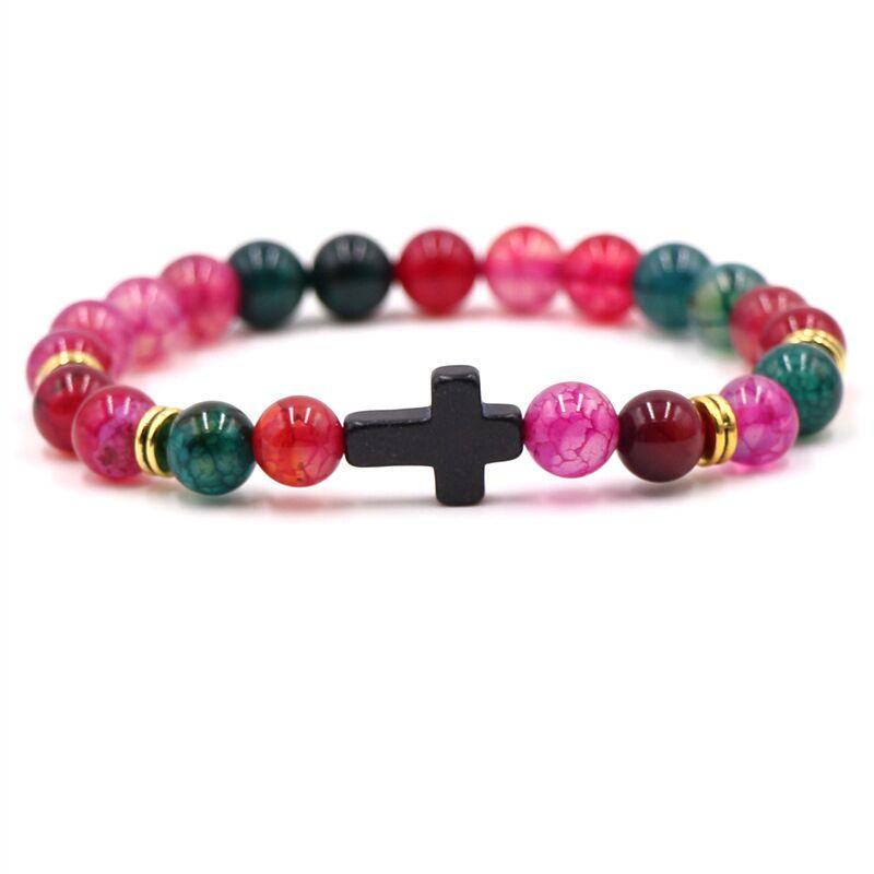 8MM Bright Frosted Stone Cross Bracelet Muticolor Beads Bangle for Women Men Fashion Pray Bracelets Jewelry Elastic Rope