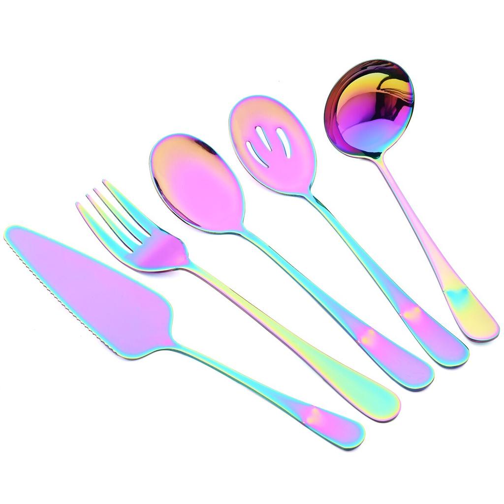 5 шт./компл. золотой набор столовых приборов, столовые приборы из нержавеющей стали, ложка для супа, дуршлаг, ложка, ложка для обслуживания, вилка для салата, лопаточка для торта, кухонная посуда