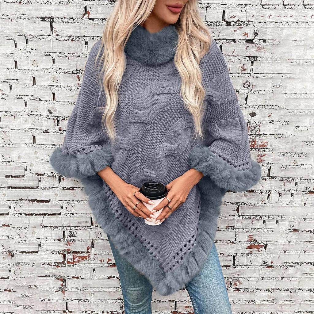 Women's Fashion Faux   Collar  Pullover Sweater Cape