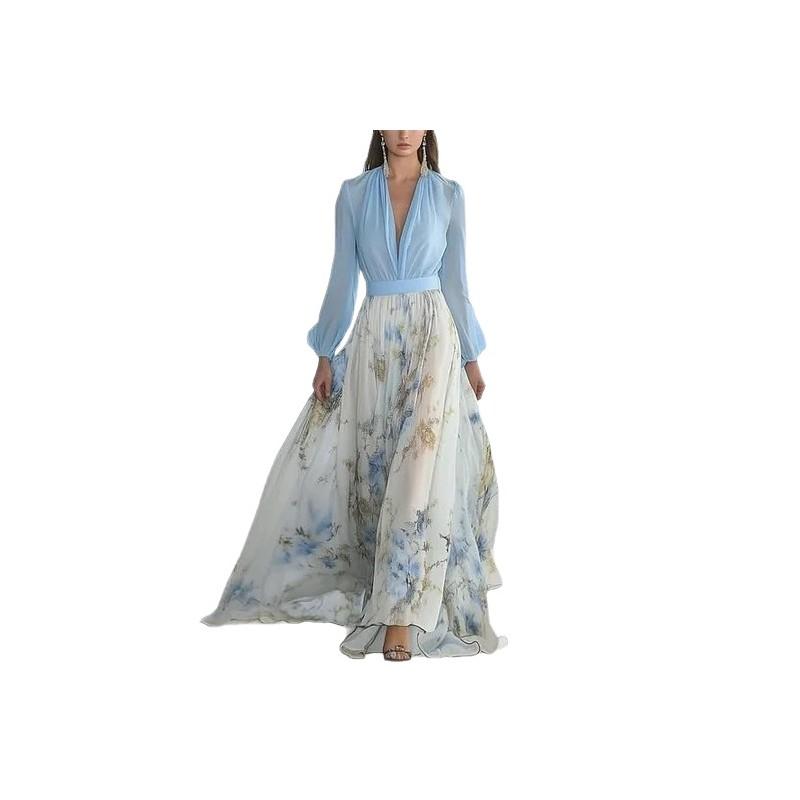 Euro Female Long Sleeve V Neck Spliced Print Chiffon Maxi Dress For Casual Streetwear