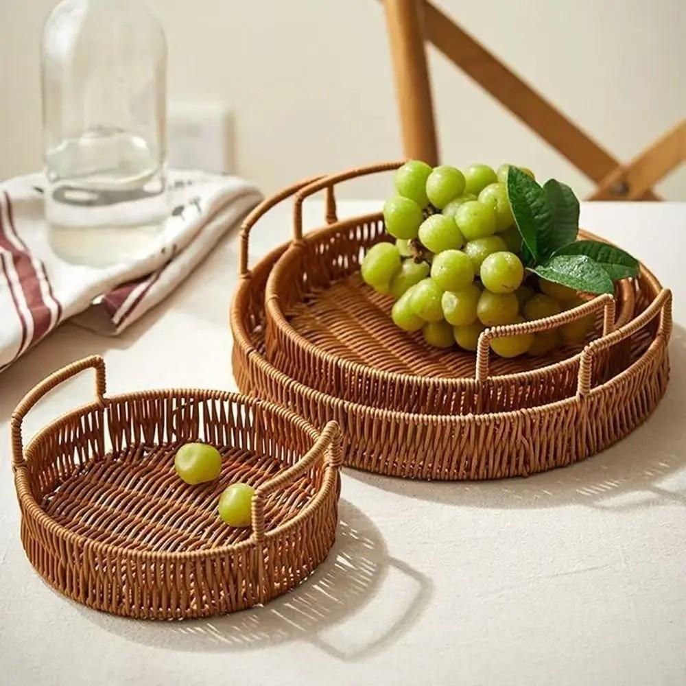 Plastic Imitation Handwoven Rattan Basket with Handle Wicker Basket Food Storage