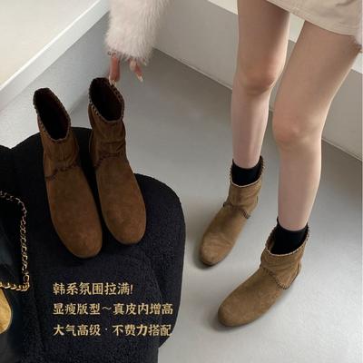 Новое поступление [изысканная версия] кожаные тонкие короткие ботинки женские с внутренней платформой осень и зима новая модель на одной педали коровья кожа женский стиль