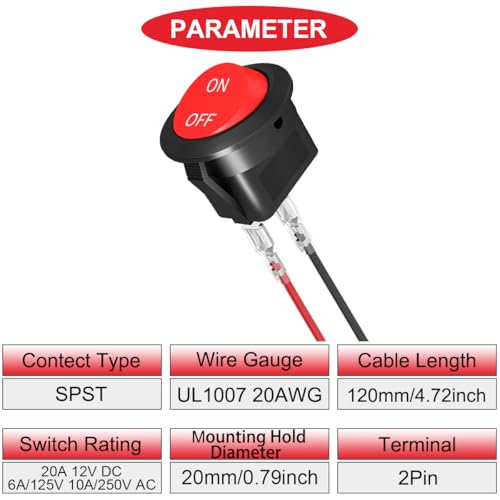 16 шт. Круглый клавишный переключатель 12 В постоянного тока, круглый красный тумблерный переключатель 2 контакта SPST 2 положения 6 А/250 В 10 А/125 В переменного тока с 20-миллиметровым клеммным проводом для автомобильной морской техники