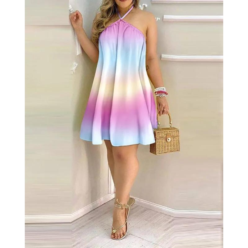 Summer Printed Strapless Hanging Neck Tie Loose Women's Dress