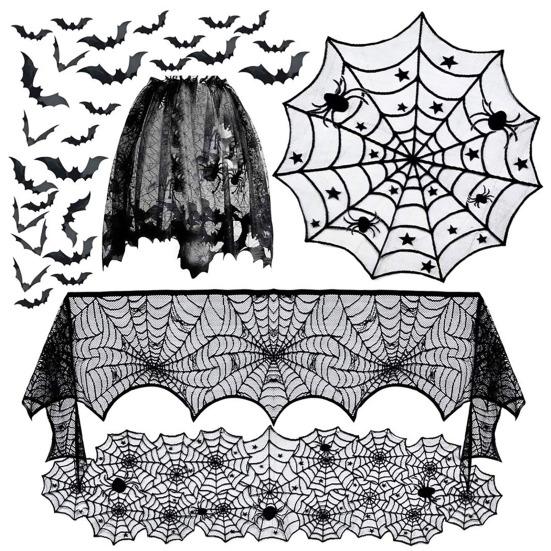 Halloween Tablecloth Decoration Black Lace Table Runner Round Spider Cobweb Table Cover Fireplace Mantel Scarf Lampshade Bat Wall Stickers for