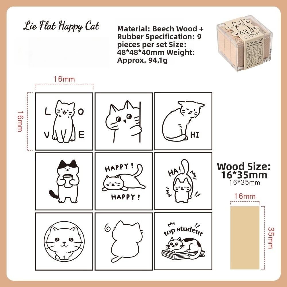 9pcs Cat‘s Daily Life Rubber Stamp Acrylic Box Students Stamps Wood Stamps Set Scrapbooking Decor