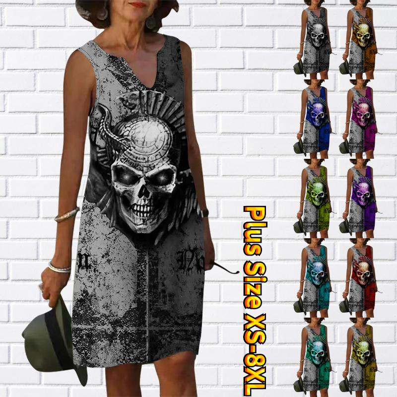 Женское летнее черно-серое платье с v-образным вырезом и принтом головы черепа, повседневное модное платье без рукавов, повседневные свободные сексуальные платья размера плюс XS-8XL
