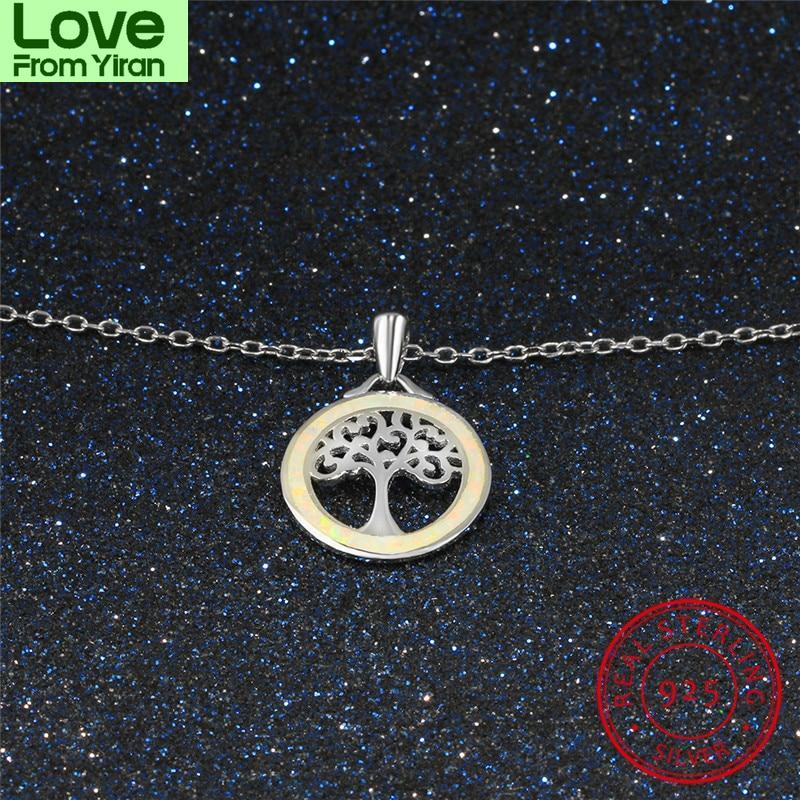 Blaike Vivid White Fire Opal Circle &Life Tree Pendants Solid S925 Sterling Silver Hollow Birthstone Clavicle Necklace Women