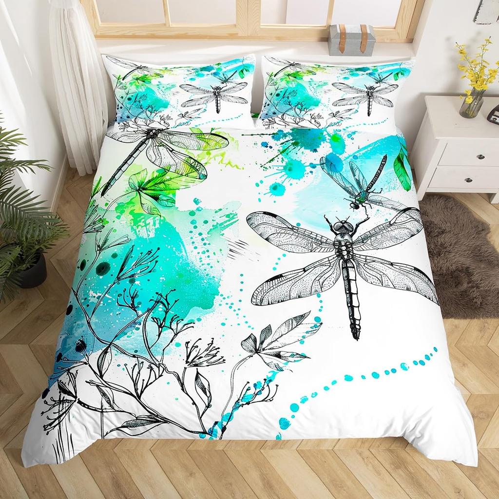 Dragonfly Duvet Cover Queen Botanical Floral Comforter Cover Vintage Style Sunflower Bedding Set Natural Pastoral Spring Decor