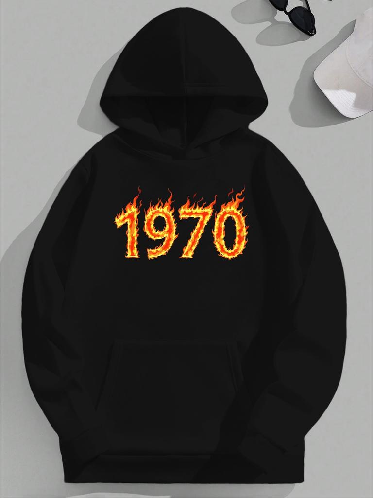 Plus Size hoodie with Dynamic Fire Effect "1970" Print - Black Casual Loose Fit