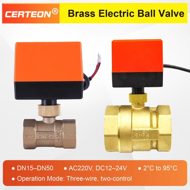 Motorized Brass Ball Valve Electric 2-Way/3-Way DN15-DN20 12V 24V 220V HVAC Fan Coil Solar PTFE IP65 Actuator