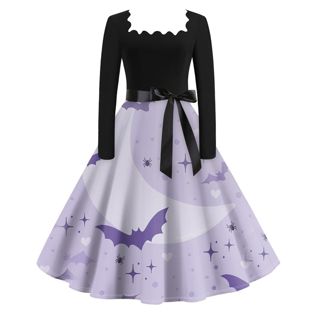 Женское повседневное модное винтажное платье с длинным рукавом и принтом на Хэллоуин
