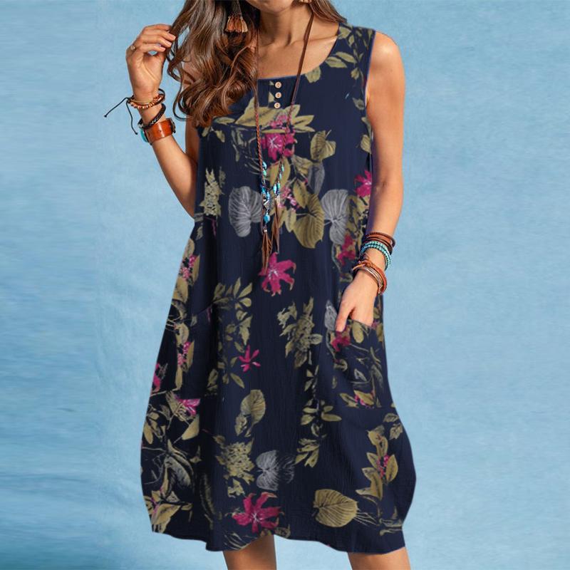ZANZEA Women Casual Floral Print Summer O-neck Sleeveless Dress