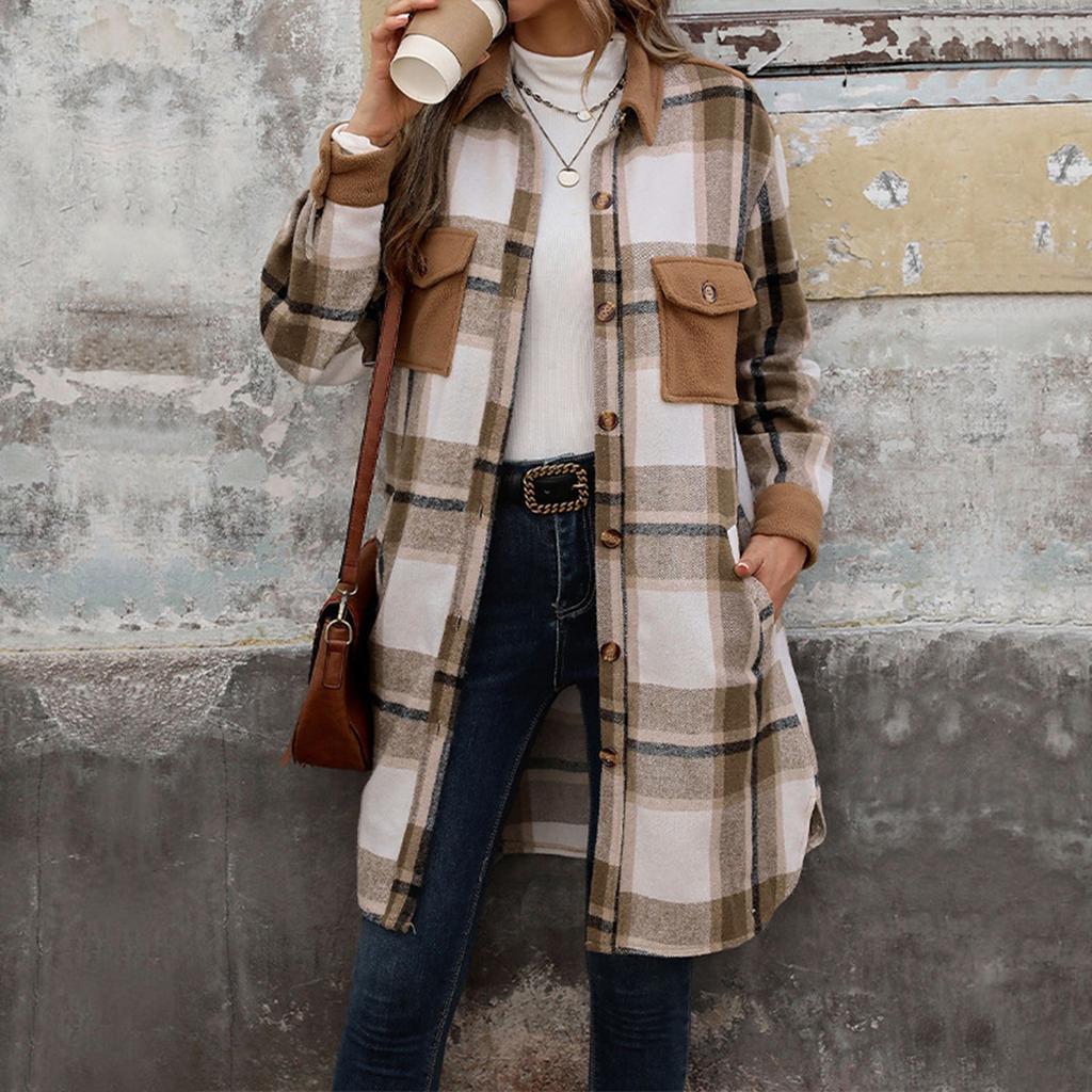 Women's Fashion Casual Long Sleeve Plaid Button With Pocket Jacket